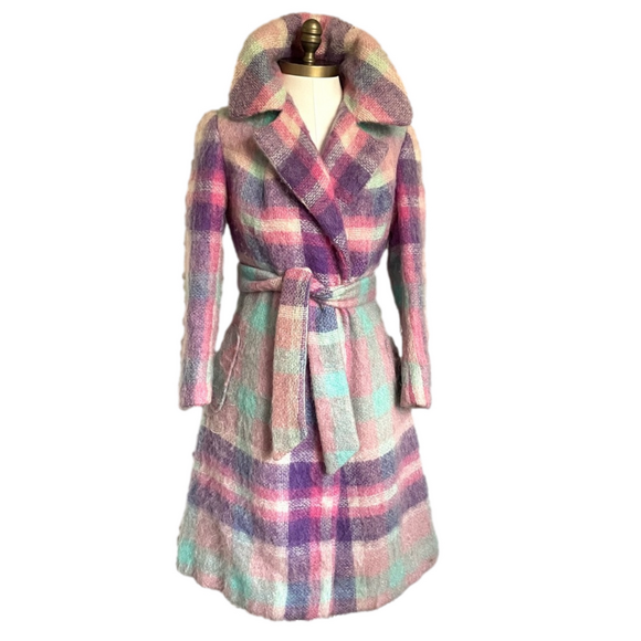 Vintage Pastel Colourful Plaid Mohair Long Coat - S/6-8US ๐ธ - Picture 3 of 14